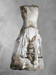 Retro Floral And Rabbit Art Print Round Neck Sleeveless Maxi Dress