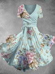 Women's Vintage Floral Art Print Cross Fold Short Sleeve Midi Dress
