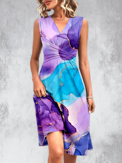 Abstract Color Art Printed V-Neck Sleeveless Pleated Design Fashion Midi Dress