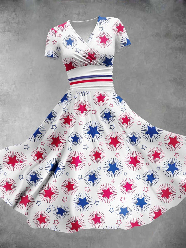 Red And Blue Stars Printed Elegant Vintage Chic Short Sleeve Midi Dress