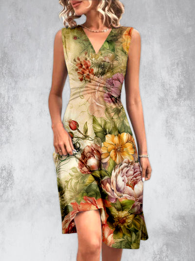 Floral Design Art Printed V-Neck Sleeveless Pleated Design Fashion Midi Dress