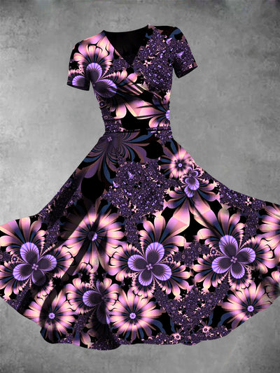 Purple Floral Art Print V-Neck Chic Short Sleeve Vintage Midi Dress