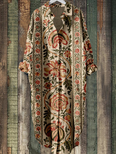 Retro Floral Paisley Printed Vintage Chic Long Sleeved Casual Loose Shirt Dress