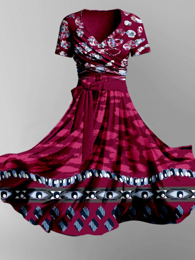 Retro Paisley Printed Vintage Cross Fold Short Sleeve Two-Piece Midi Dress