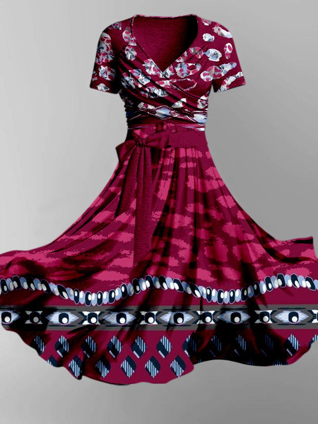 Retro Paisley Printed Vintage Cross Fold Short Sleeve Two-Piece Midi Dress