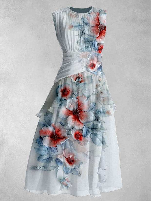 Retro Floral Print 50's Elegant Chic Round Neck Sleeveless Maxi Dress