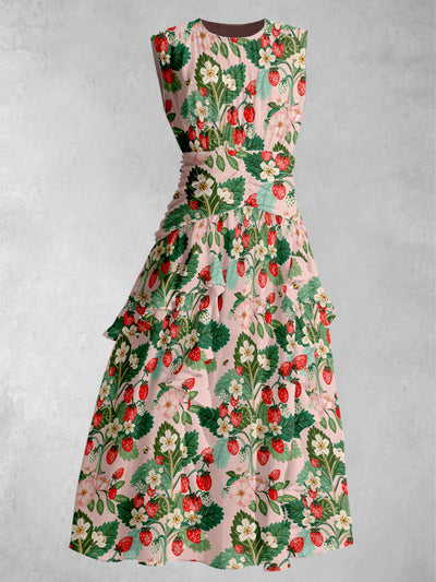 Strawberry Flower Printed 50's Elegant Chic Chiffon Sleeveless Maxi Dress