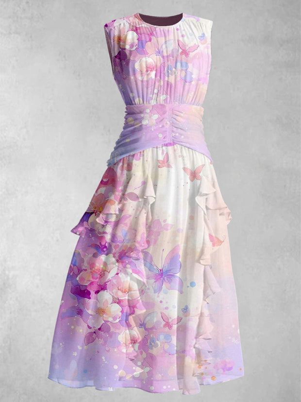Floral Art Print 50's Vintage Elegant Chic Sleeveless Maxi Dress