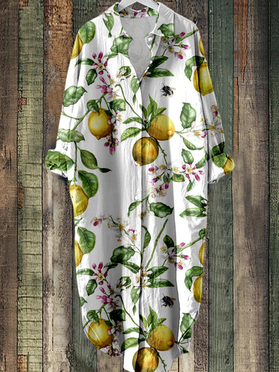 Lemon Flower Printed Vintage Chic Long Sleeved Casual Loose Shirt Dress