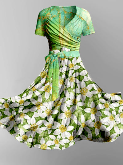 Retro Floral Printed Vintage Cross Fold Short Sleeve Two-Piece Midi Dress