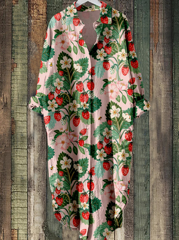 Strawberry Flower Printed Vintage Chic Long Sleeved Casual Loose Shirt Dress