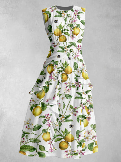Lemon Flower Printed 50's Elegant Chic Chiffon Sleeveless Maxi Dress