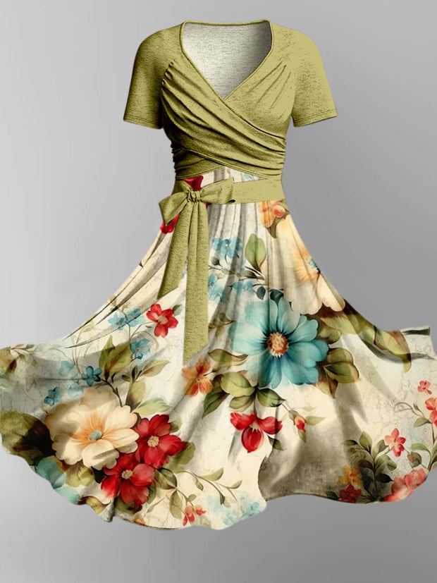 Retro Floral Print V Neck Short Sleeve Two-Piece Midi Dress