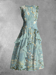 Floral Art Print Round Neck Sleeveless Vintage Maxi Dress