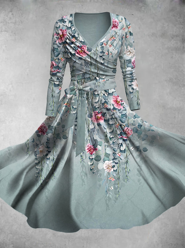 Retro Floral Art Print V-Neck Short Sleeve Two Piece Midi Dress