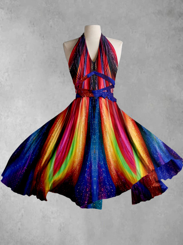Abstract Color Print V-Neck Halter Cross Strap Vintage Fashion Midi Dress