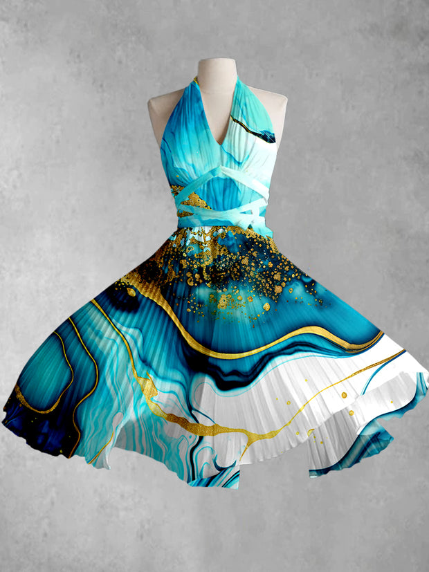 Abstract Color Printed V-Neck Halter Cross Strap Vintage Fashion Midi Dress