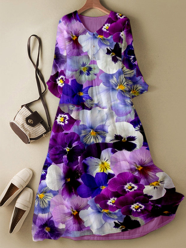 Retro Floral Print V-Neck Chic Half Sleeve Loose Midi Dress