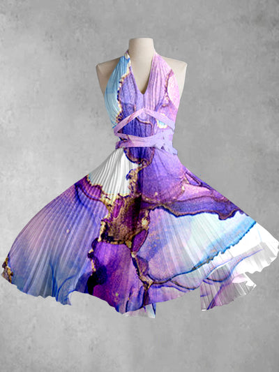 Abstract Color Printed V-Neck Halter Cross Strap Vintage Fashion Midi Dress