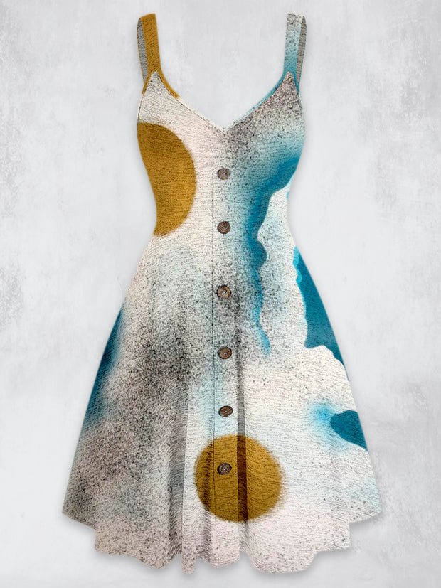 Abstract Art Printed Vintage V-Neck Strap Sleeveless Button Trim Midi Dress
