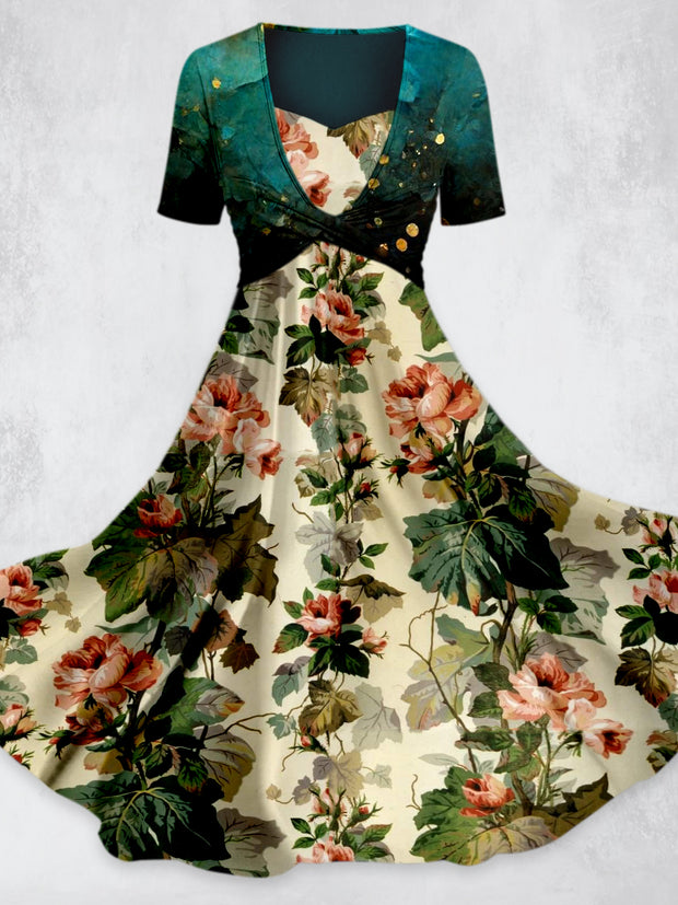 Floral Art Printed Vintage Cross Fold Short Sleeve Two-Piece Midi Dress