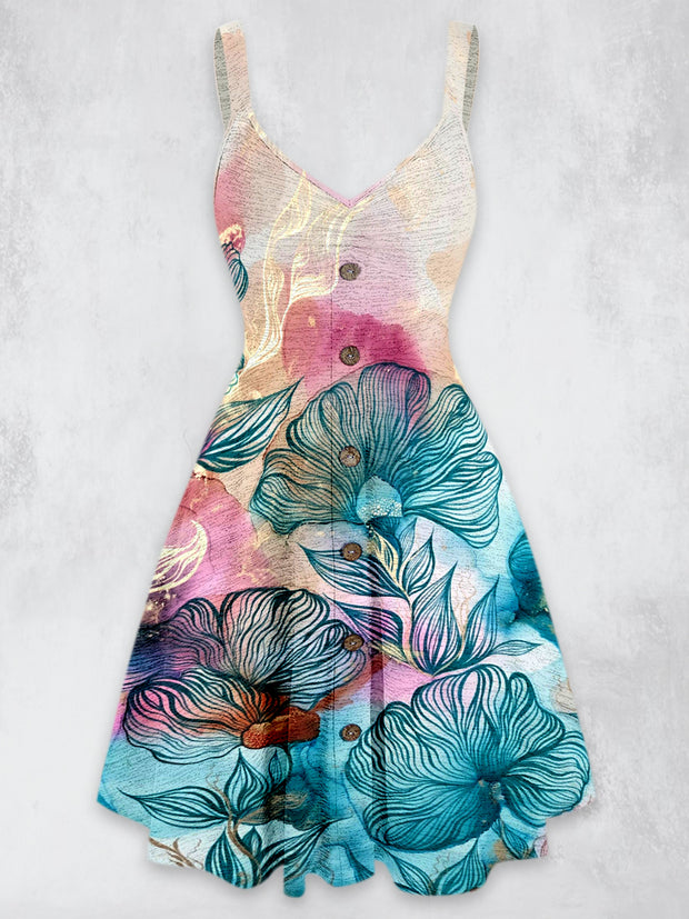 Abstract Floral Design Printed Vintage V-Neck Strap Sleeveless Button Trim Midi Dress