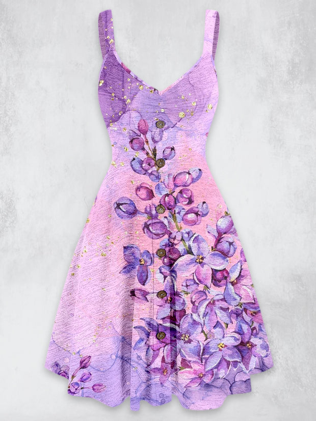 Abstract Floral Art Printed Vintage V-Neck Strap Sleeveless Button Trim Midi Dress