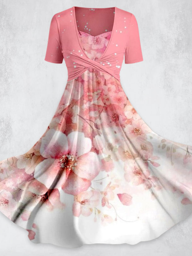 Floral Art Printed Vintage Cross Fold Short Sleeve Two-Piece Midi Dress