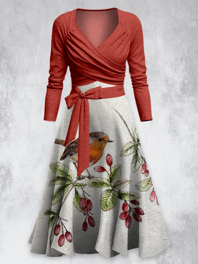Retro Floral Design Printed Vintage Cross Fold Long Sleeve Two-Piece Midi Dress