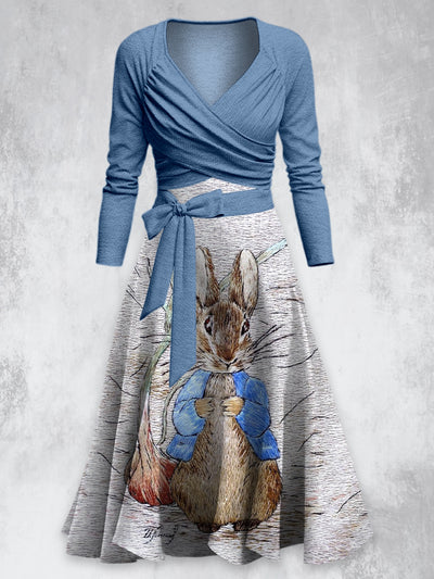 Rabbit Print Vintage Long Sleeve Two-Piece Midi Dress