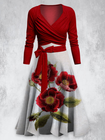 Retro Floral Printed Vintage Cross Fold Long Sleeve Two-Piece Midi Dress