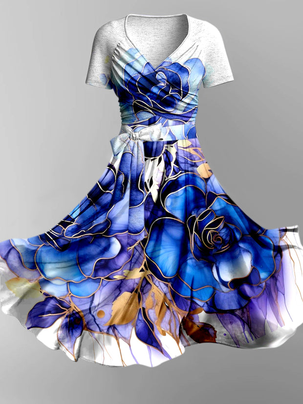 Retro Blue Floral Art Print V-Neck Short Sleeve Two-Piece Midi Dress