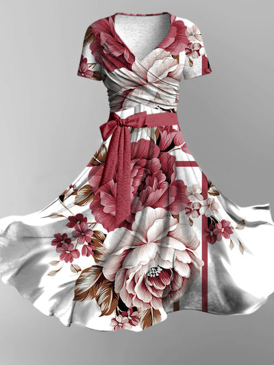 Retro Floral Art Print Short Sleeve Two-Piece Midi Dress