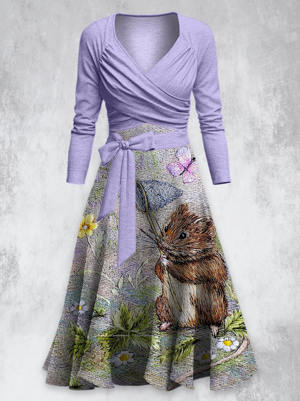 Cute Rat Art Print Vintage V-Neck Long Sleeve Two-Piece Midi Dress