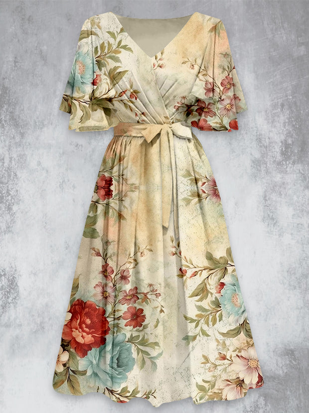 Retro Floral Art Print V-Neck Chic Short Sleeve Midi Dress