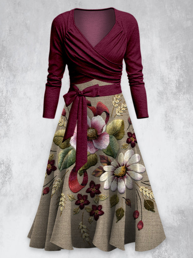 Retro Floral Art Print Vintage V-Neck Long Sleeve Two-Piece Midi Dress