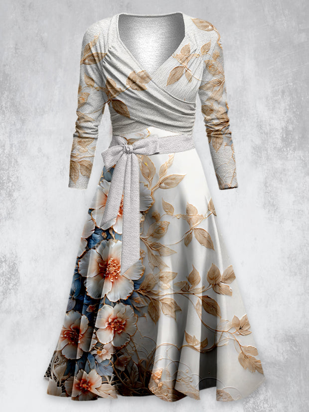 Retro Floral Print V-Neck Long Sleeve Two-Piece Midi Dress