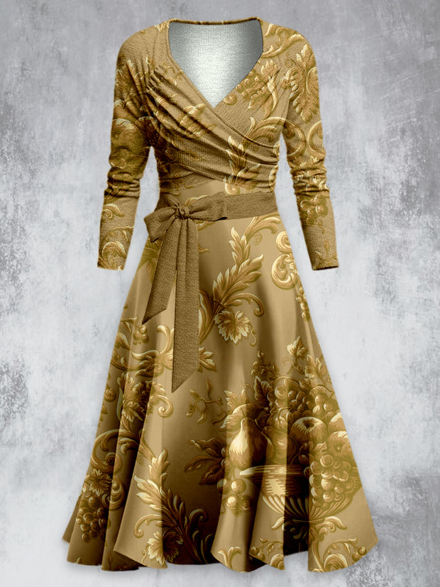 Retro Floral Paisley Art Print V-Neck Long Sleeve Two-Piece Midi Dress