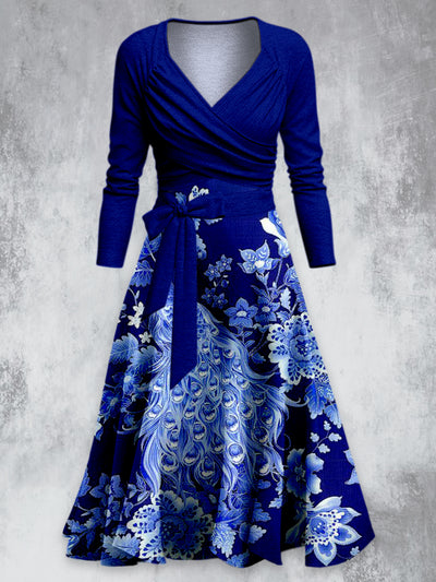 Blue Peacock Floral Art Print Vintage V-Neck Long Sleeve Two-Piece Midi Dress