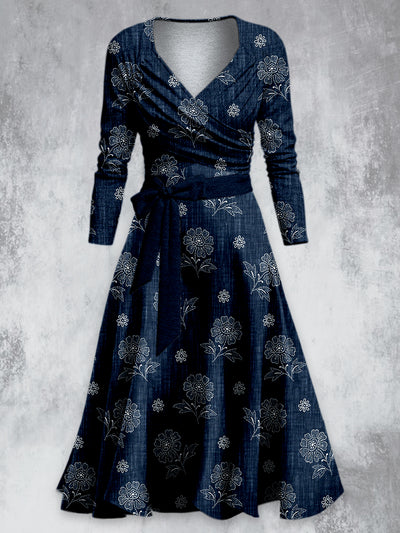 Retro Floral Paisley Print V-Neck Long Sleeve Two-Piece Midi Dress