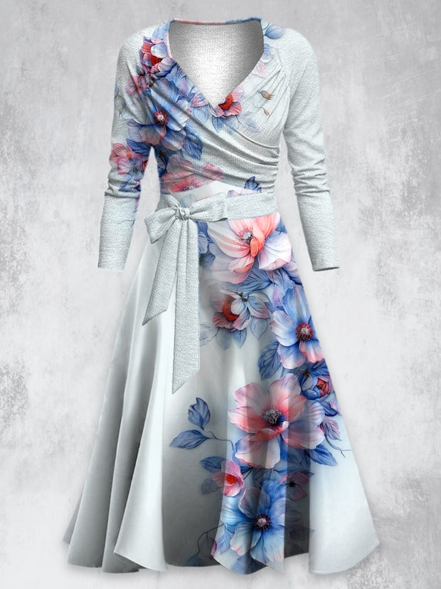 Retro Floral Art Print V-Neck Long Sleeve Two-Piece Midi Dress