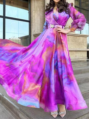Abstract Color Printed V-Neck Elegant Chic Crystal Belt Long Sleeve Maxi Dress