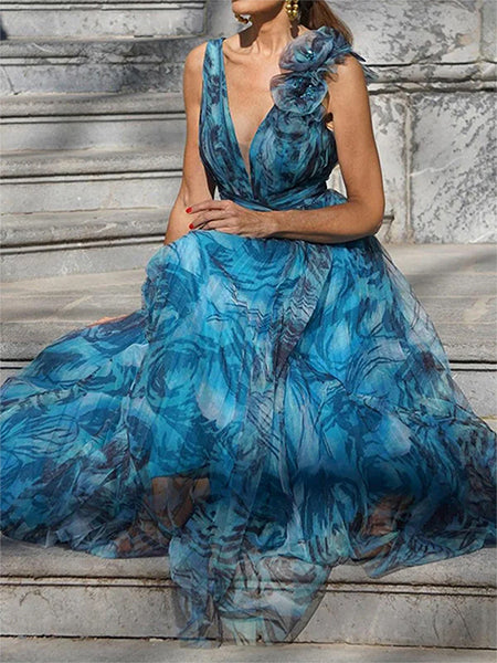 Abstract Color Printed V-Neck Elegant Chic Belt Sleeveless Maxi Dress