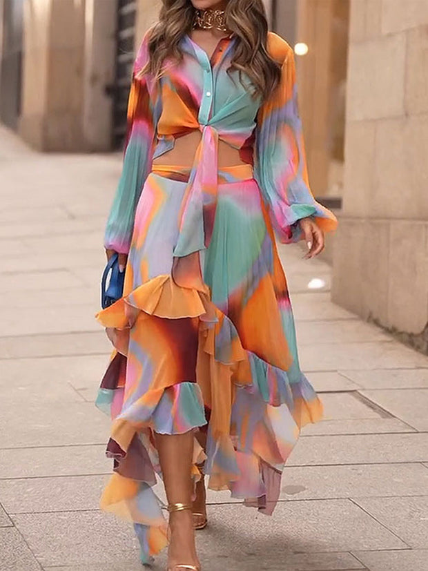 Abstract Color Printed V-Neck Elegant Chic Long Sleeve Maxi Dress