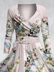 Floral Art Print Vintage Long Sleeve Two-Piece Midi Dress
