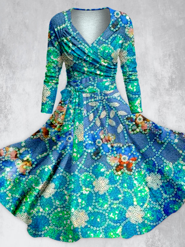 Retro Floral Paisley Print Long Sleeve Two-Piece Midi Dress