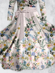 Floral Art Print Vintage Long Sleeve Two-Piece Midi Dress
