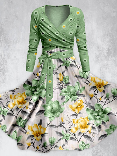 Polka Dot Floral Art Print Vintage Long Sleeve Two-Piece Midi Dress