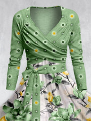 Polka Dot Floral Art Print Vintage Long Sleeve Two-Piece Midi Dress