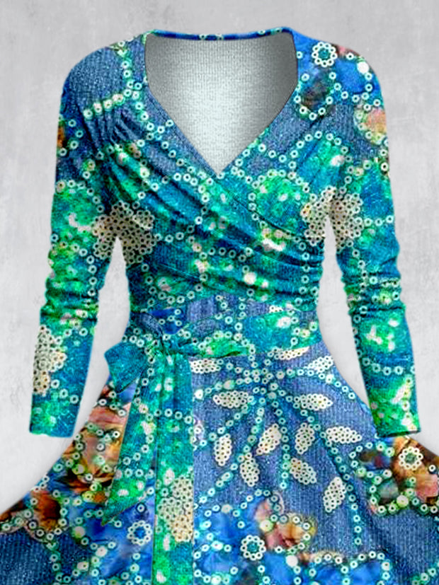 Retro Floral Paisley Print Long Sleeve Two-Piece Midi Dress
